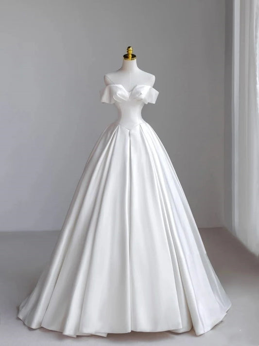 Robe de mariée classique, robe de bal, épaules dénudées, manches courtes, satin blanc, robes de mariée minimalistes DH742