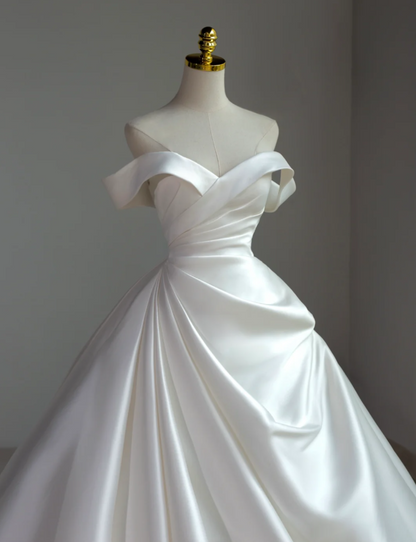 Robe de mariée classique, robe de bal, épaules dénudées, manches courtes, satin blanc, robes de mariée minimalistes DH743