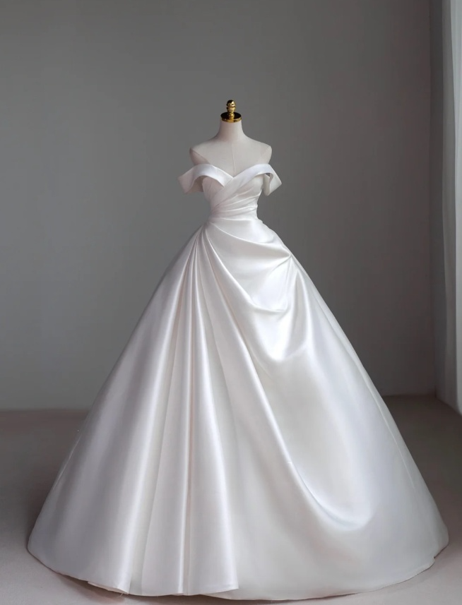Robe de mariée classique, robe de bal, épaules dénudées, manches courtes, satin blanc, robes de mariée minimalistes DH743