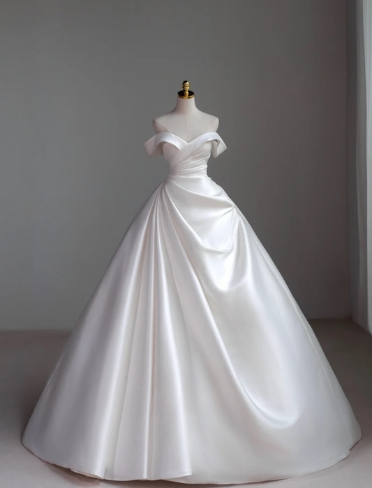 Robe de mariée classique, robe de bal, épaules dénudées, manches courtes, satin blanc, robes de mariée minimalistes DH743