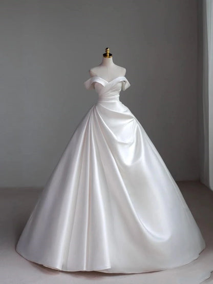 Robe de mariée classique, robe de bal, épaules dénudées, manches courtes, satin blanc, robes de mariée minimalistes DH743