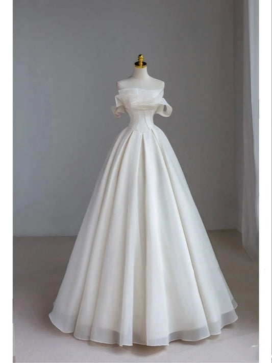 Robe de mariée classique, robe de bal, épaules dénudées, manches courtes, satin blanc, robes de mariée élégantes DH744