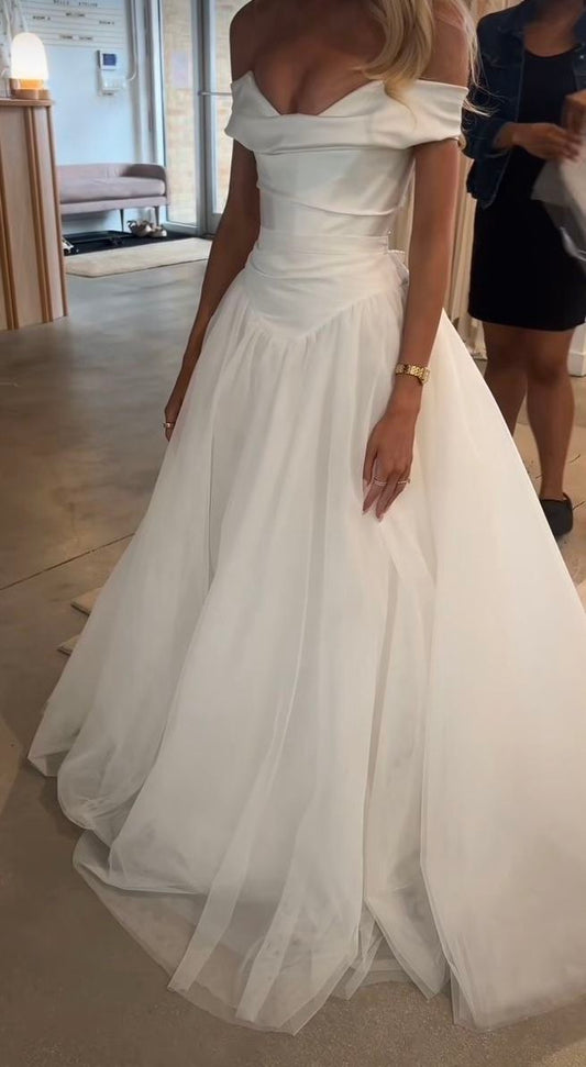 Robe de mariée classique, robe de bal, épaules dénudées, manches courtes, satin blanc, robes de mariée minimalistes DH746