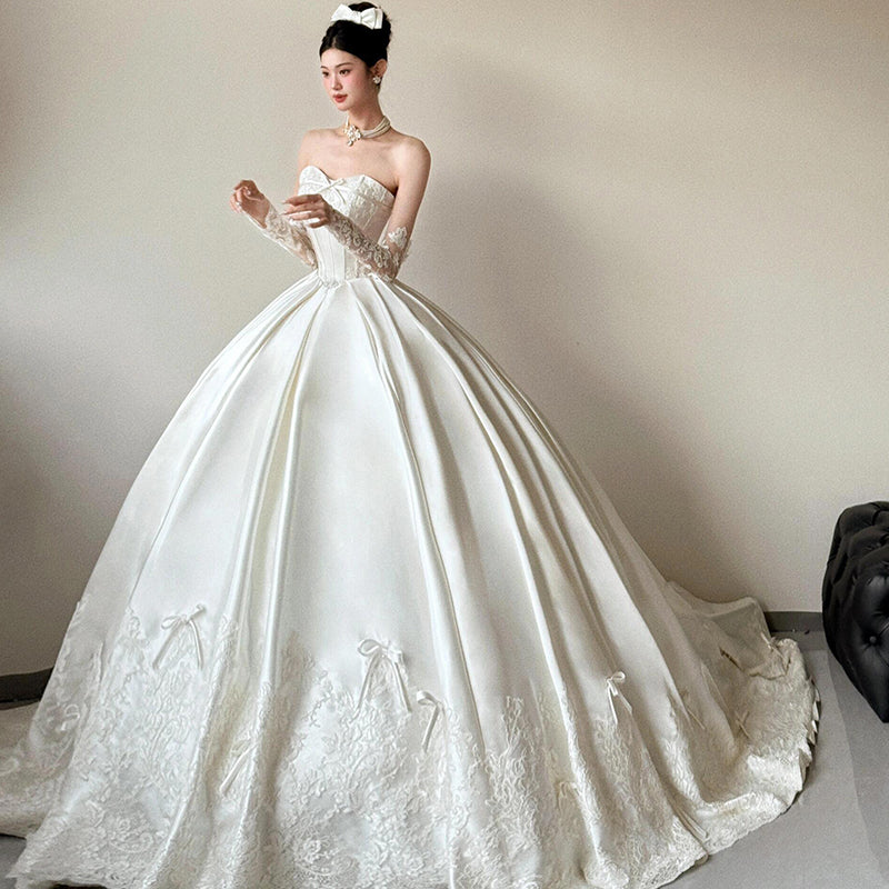 Classy Elegant Wedding Dress Ball Gown Strapless Satin Lace Long Wedding Dresses Bridal Gowns DH748
