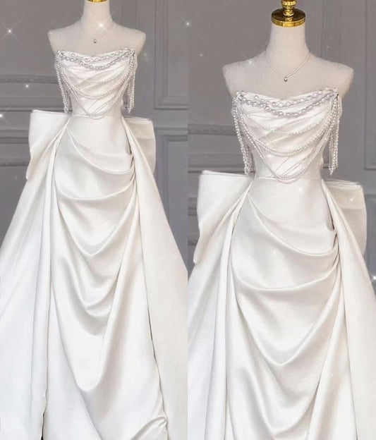 Robe de mariée classique fourreau décolleté en cœur, longue robe de mariée blanche en satin, élégante robe de mariée DH749