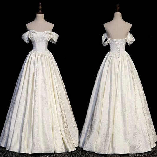 Robe de mariée classique trapèze, épaules dénudées, manches courtes, dentelle, blanche, minimaliste, DH753