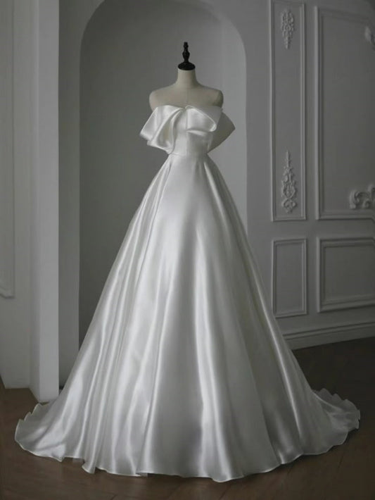 Robe de mariée classique, robe de bal, épaules dénudées, manches courtes, satin blanc, robes de mariée minimalistes DH755