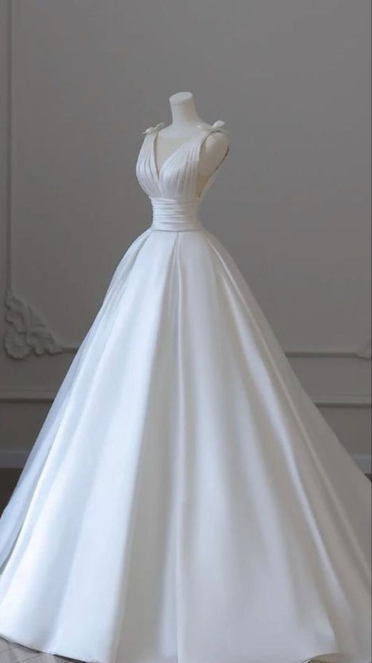 Robe de mariée classique, robe de bal, col en V, longue, en satin, blanche, élégante, DH756