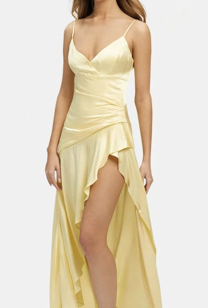 Elegant High Low Spaghetti Straps Yellow Satin Long Prom Dresses Party Dress Summer 20th Birthday Outfits 18th Birthday Dresses DH765