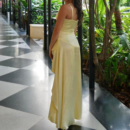 Elegant High Low Spaghetti Straps Yellow Satin Long Prom Dresses Party Dress Summer 20th Birthday Outfits 18th Birthday Dresses DH765