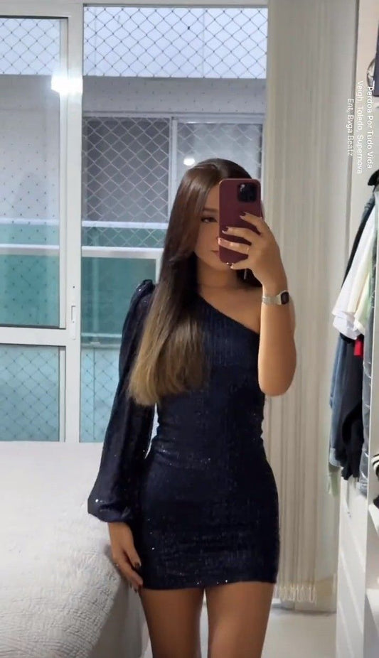 Sexy Sheath One Shoulder Navy Blue Sequin Mini Short Formal 8th Grade Homecoming Dresses Summer Middle School Hoco Dress Homecoming Outfits 18th Birthday Outfit DH768