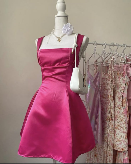 Cute A line Square Neck Hot Pink Satin Mini Short Formal 8th Grade Homecoming Dresses Summer Middle School Hoco Dress Homecoming Outfits 25 Birthday Dress DH776