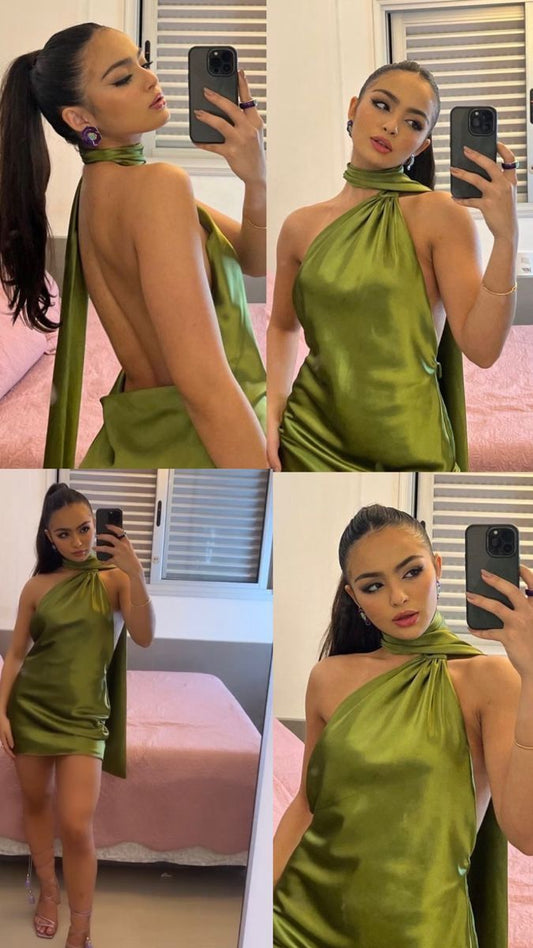 Cute Sheath One Shoulder Olive Green Satin Mini Short Formal 8th Grade Homecoming Dresses Summer Middle School Hoco Dress Homecoming Outfits 25 Birthday Dress DH790
