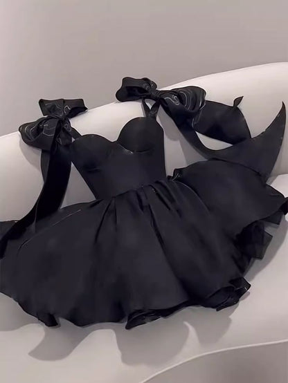 Pretty A line Black Satin Short Formal 8th Grade Homecoming Dresses Summer Middle School Hoco Dress Homecoming Outfits DH805