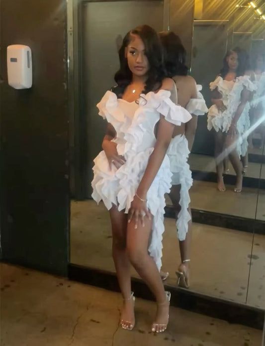 Pretty Sheath Off The Shoulder White Chiffon Formal 8th Grade Homecoming Dresses Summer Middle School Hoco Dress Homecoming Outfits DH808