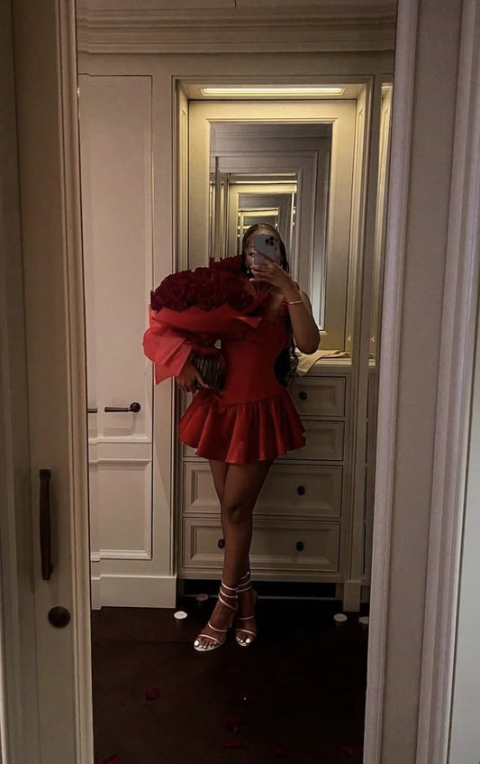 Pretty A line Square Neck Red Satin Short Formal 8th Grade Homecoming Dresses Summer Middle School Hoco Dress Homecoming Outfits DH811