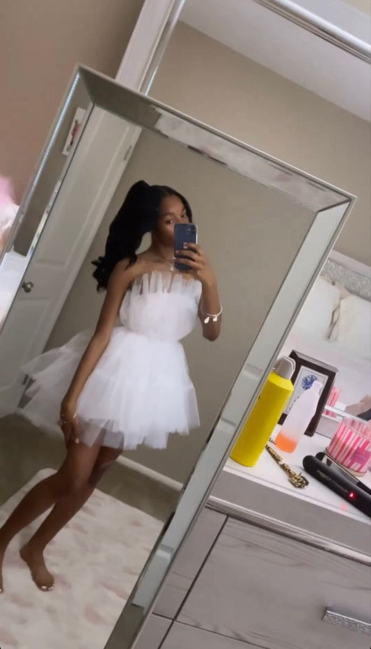 Pretty Ball Gown Strapless White Tulle Short Formal 8th Grade Homecoming Dresses Summer Middle School Hoco Dress Homecoming Outfits DH818