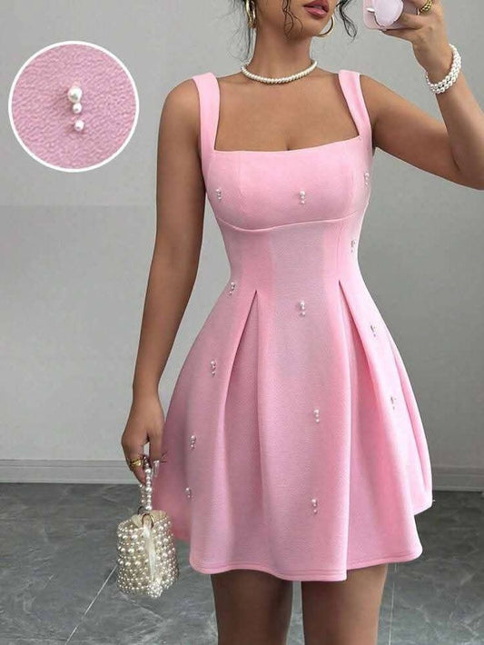 Pretty A line Square Neck Sleeveless Pink Short Mini Formal 8th Grade Homecoming Dresses Summer Middle School Hoco Dress Homecoming Outfits DH826