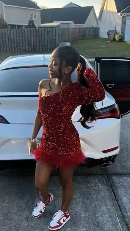 Pretty Sheath One Shoulder Burgundy Sequin Short Mini Feathers Formal 8th Grade Homecoming Dresses Summer Middle School Hoco Dress Homecoming Outfits DH827