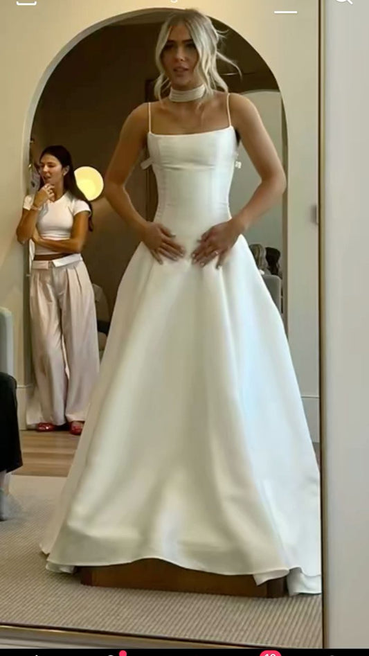 Ethereal Wedding Dress A Line Spaghetti Straps Satin Long White Wedding Dresses Bridal Gowns DH859