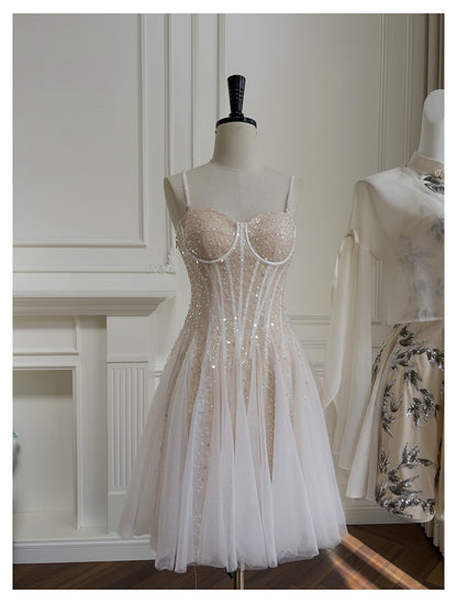 Cute A line Spaghetti Straps Champagne Sequin Short Homecoming Dress Summer Middle School Formal 8th Grade Hoco Dresses Summer Homecoming Outfits DH85