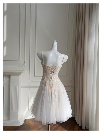 Cute A line Spaghetti Straps Champagne Sequin Short Homecoming Dress Summer Middle School Formal 8th Grade Hoco Dresses Summer Homecoming Outfits DH85