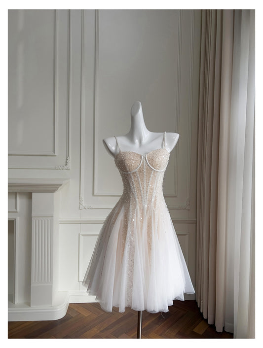 Cute A line Spaghetti Straps Champagne Sequin Short Homecoming Dress Summer Middle School Formal 8th Grade Hoco Dresses Summer Homecoming Outfits DH85