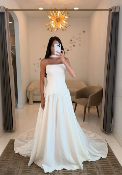 Classic Bridal Gown Ball Gown Strapless Sleeveless Satin Long White Wedding Dresses Elegant Bridal Gowns DH861