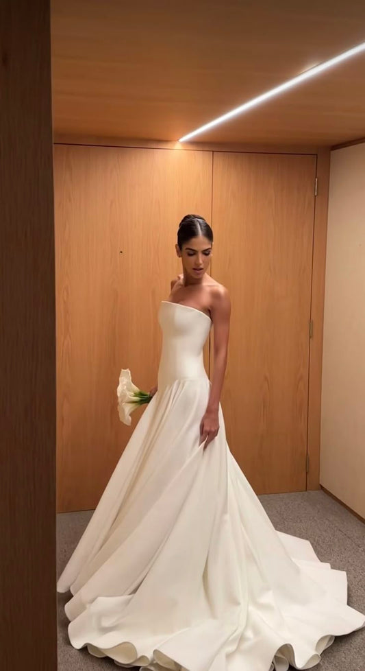 Robe de mariée classique, robe de bal, bustier, sans manches, longue, en satin, blanche, élégante, DH861