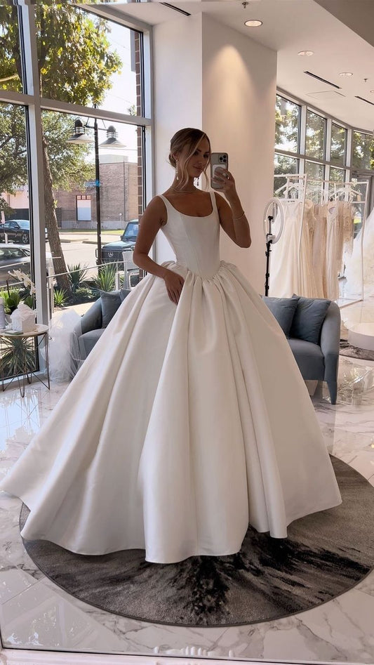 Robe de mariée classique, robe de bal, col carré, sans manches, longue, en satin, blanche, élégante, DH862