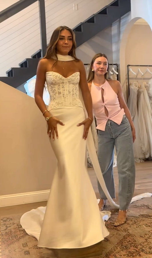 Robe de mariée classique sirène décolleté en cœur sans manches en satin longue robe de mariée blanche élégante robe de mariée DH865