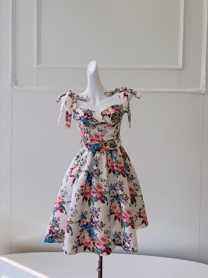 Cute A line Spaghetti Straps Floral Satin Short Homecoming Dress Summer Middle School Formal 8th Grade Hoco Dresses Summer Homecoming Outfits DH86
