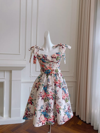 Cute A line Spaghetti Straps Floral Satin Short Homecoming Dress Summer Middle School Formal 8th Grade Hoco Dresses Summer Homecoming Outfits DH86
