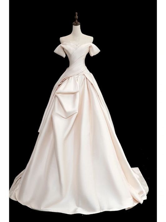 Timeless Bridal Gown Ball Gown Off The Shoulder Satin Long Pink Wedding Dresses Elegant Bridal Gowns DH870