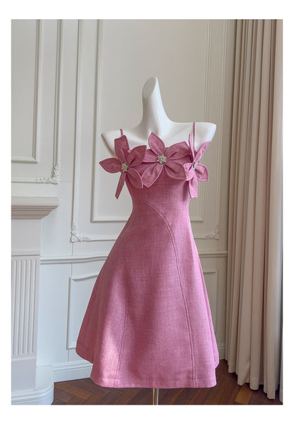 Cute A line Spaghetti Straps Floral Satin Short Pink Homecoming Dress Summer Middle School Formal 8th Grade Hoco Dresses Summer Homecoming Outfits DH87