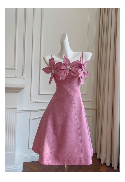 Cute A line Spaghetti Straps Floral Satin Short Pink Homecoming Dress Summer Middle School Formal 8th Grade Hoco Dresses Summer Homecoming Outfits DH87