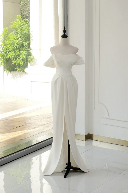 Timeless Bridal Gown Sheath Off The Shoulder Satin Short Sleeves Wedding Dresses Elegant Bridal Gowns DH891