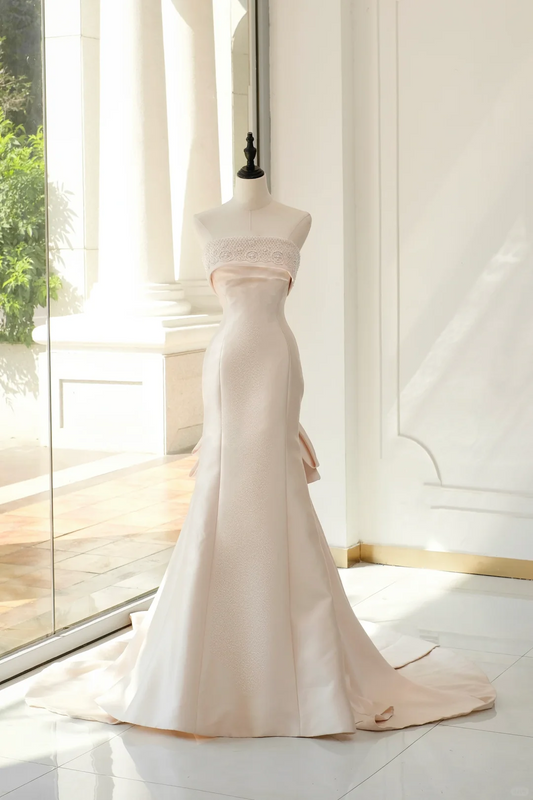 Robe de mariée classique sirène bustier sans manches en satin longue rose clair, robes de mariée élégantes, robe de mariée DH894
