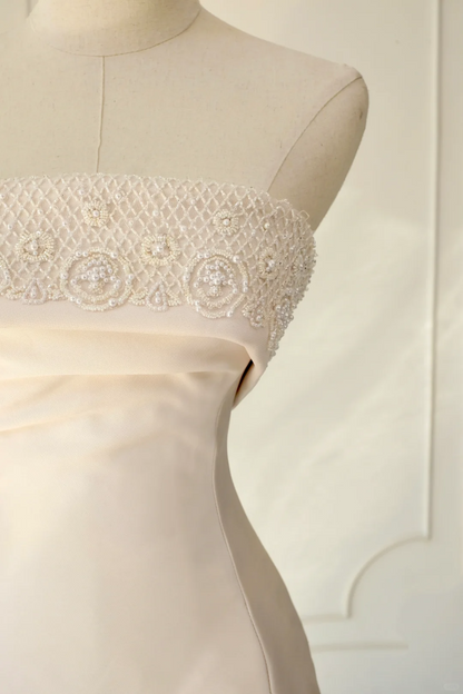 Robe de mariée classique sirène bustier sans manches en satin longue rose clair, robes de mariée élégantes, robe de mariée DH894