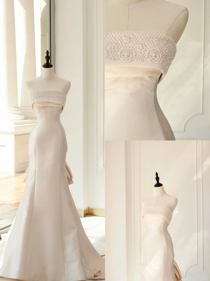Robe de mariée classique sirène bustier sans manches en satin longue rose clair, robes de mariée élégantes, robe de mariée DH894