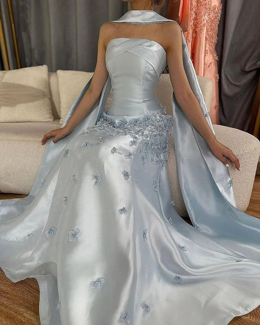 Elegant Mermaid Strapless Light Sky Blue Satin Long Prom Dresses Party Dress Summer 20th Birthday Outfits 18th Birthday Dresses DH902