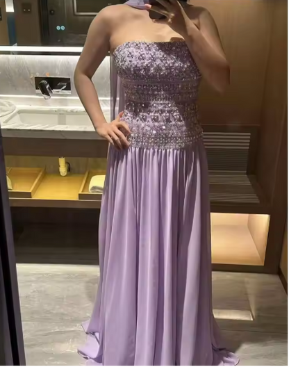 Elegant A Line Strapless Lilac Chiffon Long Prom Dresses Party Dress Summer 20th Birthday Outfits 18th Birthday Dresses DH903