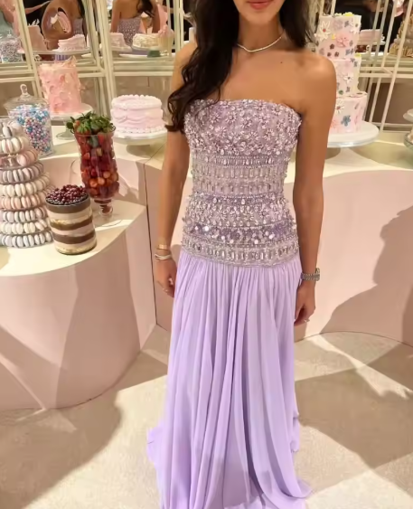 Elegant A Line Strapless Lilac Chiffon Long Prom Dresses Party Dress Summer 20th Birthday Outfits 18th Birthday Dresses DH903