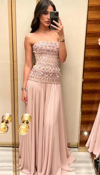 Elegantes A-Linien-trägerloses lila Chiffon-langes Ballkleid Partykleid Sommer-Outfits zum 20. Geburtstag Kleider zum 18. Geburtstag DH903