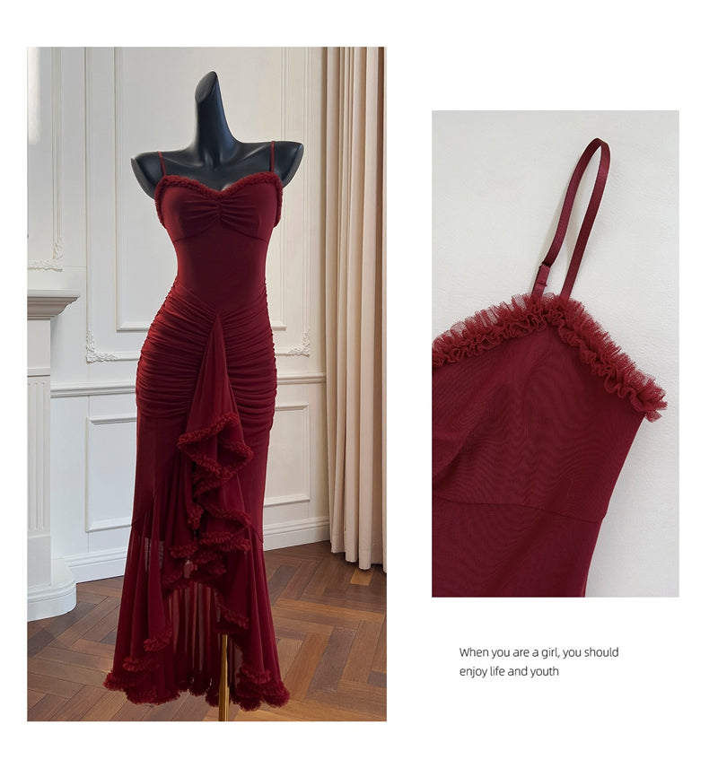 Elegant High Low Spaghetti Straps Burgundy Sleeveless Long Evening Party Gowns Evening Formal Dresses Prom Dress DH90