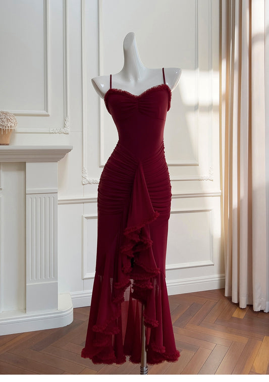 Elegant High Low Spaghetti Straps Burgundy Sleeveless Long Evening Party Gowns Evening Formal Dresses Prom Dress DH90