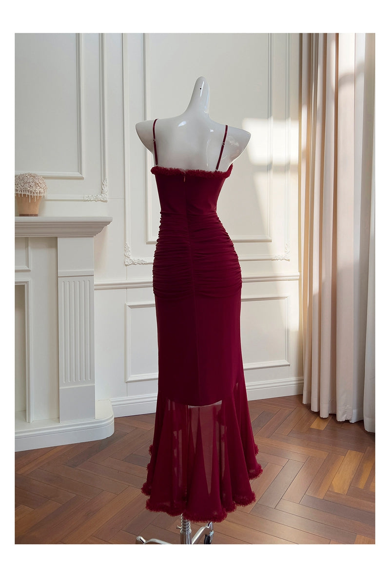 Elegant High Low Spaghetti Straps Burgundy Sleeveless Long Evening Party Gowns Evening Formal Dresses Prom Dress DH90