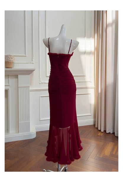 Elegant High Low Spaghetti Straps Burgundy Sleeveless Long Evening Party Gowns Evening Formal Dresses Prom Dress DH90