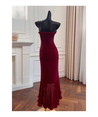 Elegant High Low Spaghetti Straps Burgundy Sleeveless Long Evening Party Gowns Evening Formal Dresses Prom Dress DH90