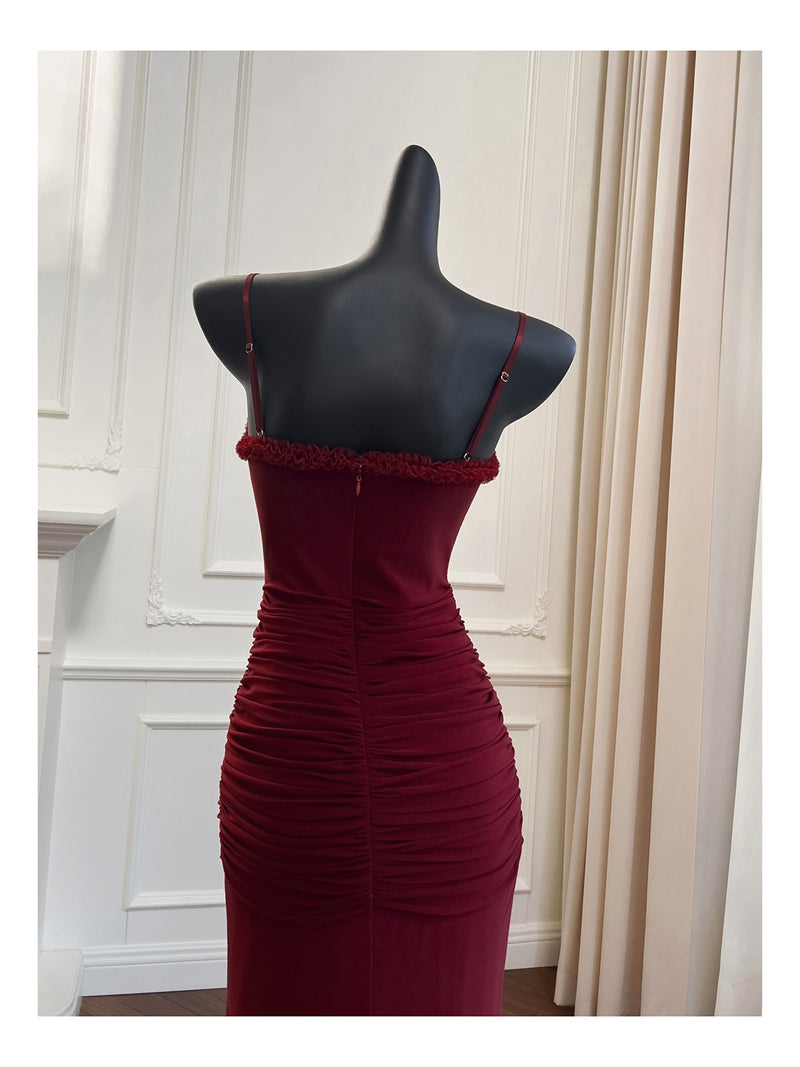 Elegant High Low Spaghetti Straps Burgundy Sleeveless Long Evening Party Gowns Evening Formal Dresses Prom Dress DH90